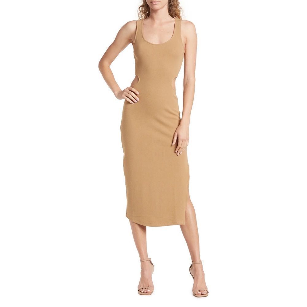 Heartloom Minka Side Cutout Ribbed Midi Dress in Latte Size Large New NWT